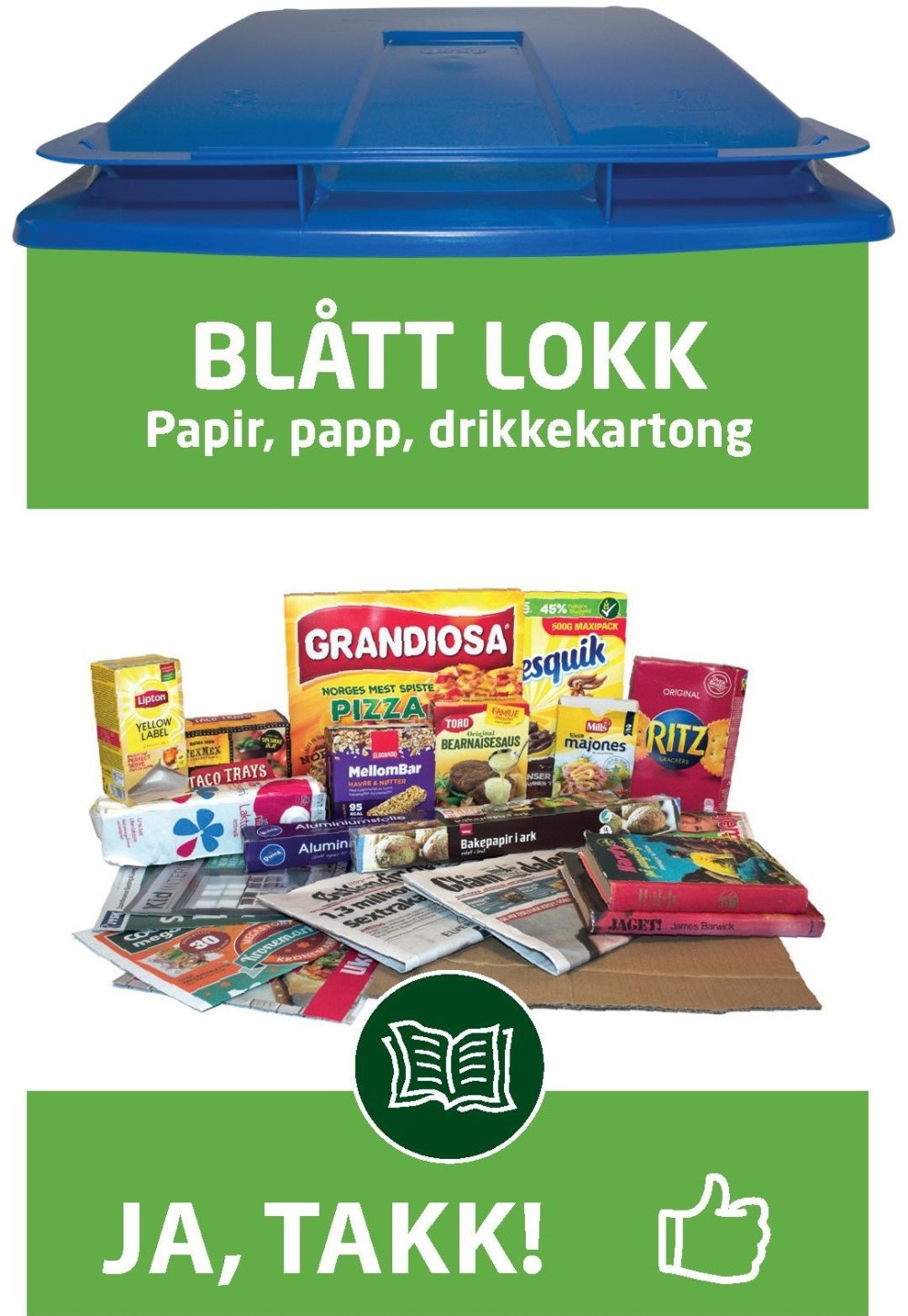 Avfallsbeholder med blått lokk, papir, papp, drikkekartong