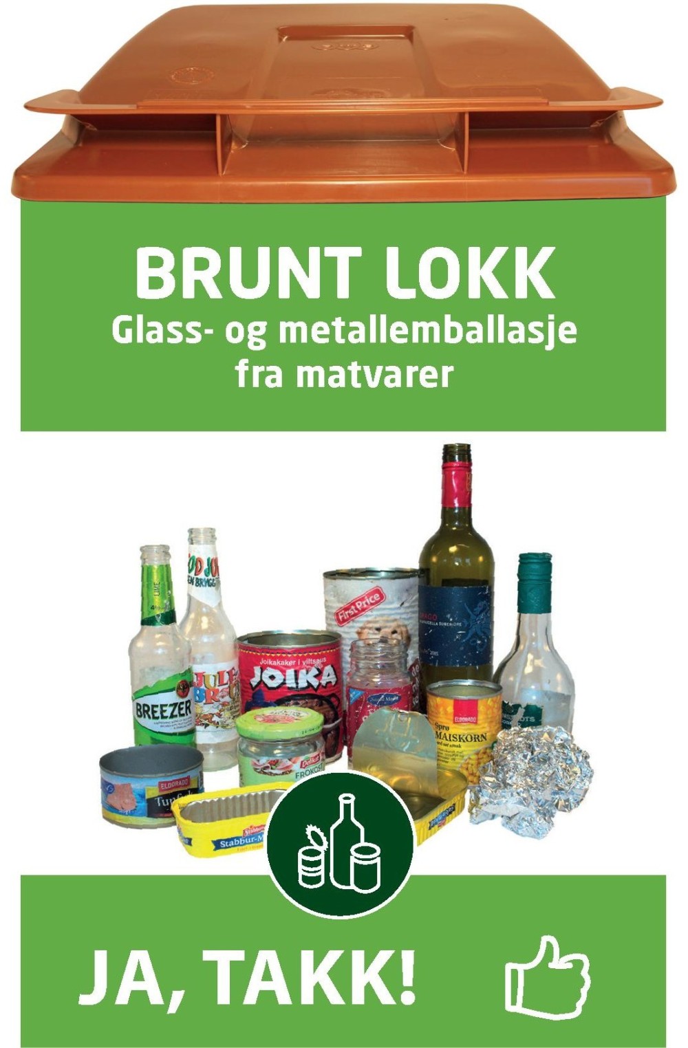 Avfallsbeholder med brunt lokk, glass- og metallemballasje